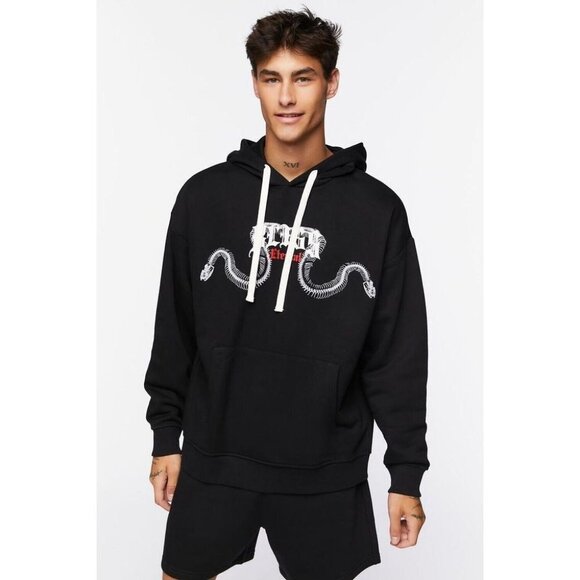 Forever 21 Men's Size L Black Hoodie With Snake & Spinal Design Excellent - Picture 8 of 8